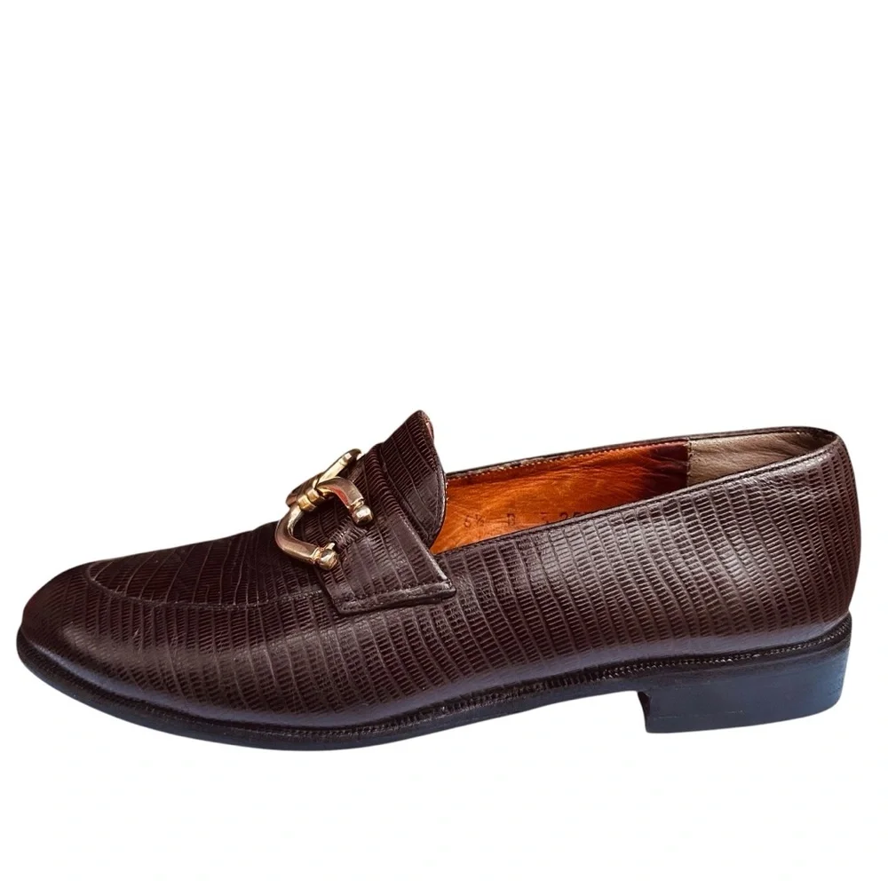 Robert Clergerie Brown Loafers Faux Lizard Skin Embossed Leather 6 1/2 M Vintage